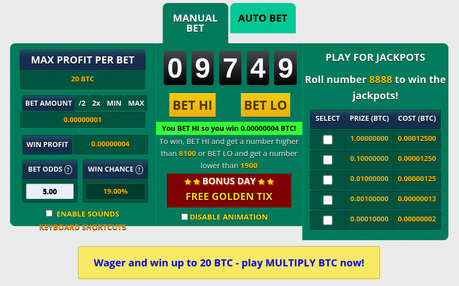 free Bitcoin hi-lo game